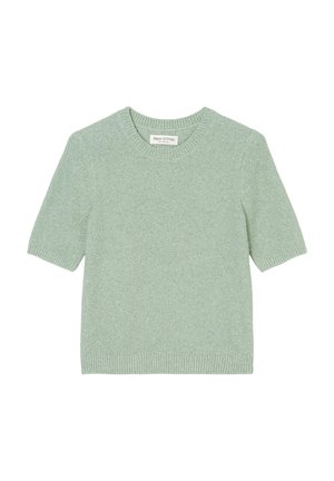 Short-sleeve, light green sweater made of soft fabric, featuring a round neckline and ribbed hem. Minimalist design with subtle texture.
