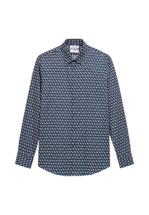 Marineblauw blouse met lange mouwen en knopen, klein wit bloemenpatroon, puntkraag en afgeronde zoom.
