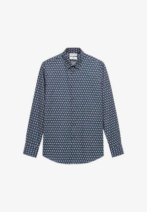 Marineblauw blouse met lange mouwen en knopen, klein wit bloemenpatroon, puntkraag en afgeronde zoom.