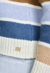 Knitted sweater featuring horizontal stripes in brown, light blue, dark blue, white, and beige. Ribbed hem with a gold logo accent.
