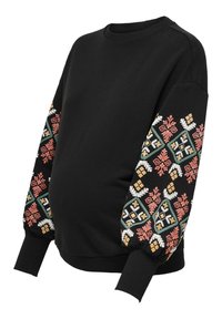 Svart hettegenser med broderte mønstrede ermer i rosa, hvitt, grønt og gull aksenter. Har rund hals og ribbestrikkede mansjetter.