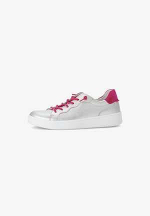 Silver synthetic sneakers with pink laces and accents, featuring a smooth texture, rounded toe, and a white rubber sole.