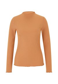 Maglietta a maniche lunghe in arancione bruciato, realizzata in tessuto a coste. Presenta un collo alto con bordo arricciato e un orlo leggermente curvo.