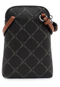 Czarna skórzana torba o fakturowanej powierzchni, wzorze w diamenty i okrągłych akcentach. Posiada brązowy pasek i srebrne okucia do zapięcia.