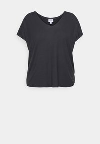 T-shirt nera a maniche corte con scollatura a V, realizzata in un tessuto morbido, presenta una vestibilità ampia e una caduta sottile per il massimo comfort.