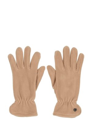 Fleece gloves in light tan with a textured finish. Features a gathered wrist design and a small black logo on the wrist area.