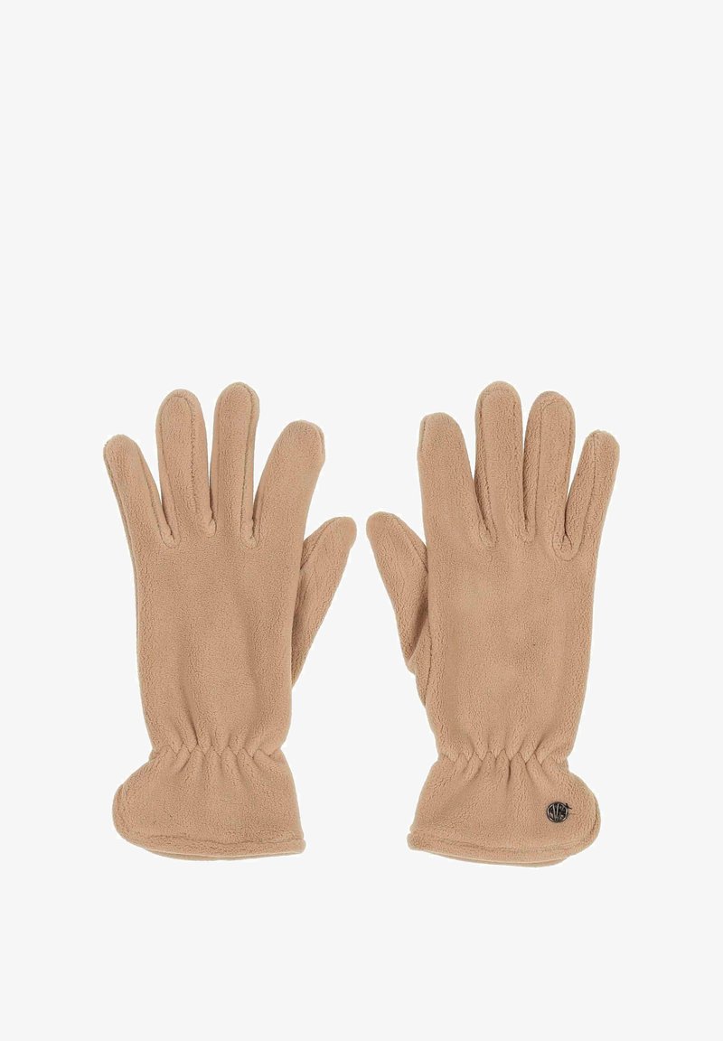 Világos bézs színű, bolyhos anyagú kesztyű, textúrált felülettel. Ráncolt csuklódizájnnal és egy kis fekete logóval a csukló területén.