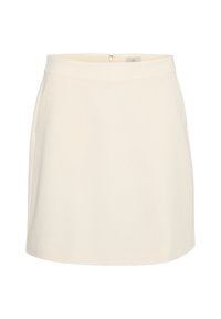 Cremefarbener, knieumspielender Rock mit hohem Bund und Reißverschluss auf der Rückseite, aus glattem Stoff gefertigt.