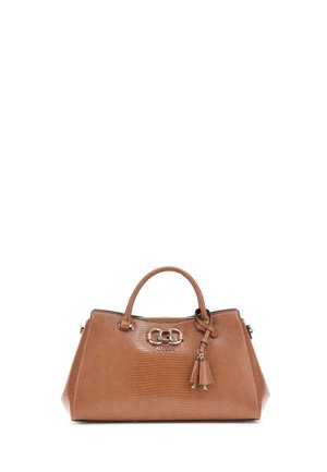 Borsa a tracolla in faux leather color tan con superficie testurizzata, hardware in tonalità argento, doppie maniglie e dettaglio a nastro staccabile. Caratterizzata da logo.