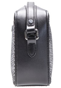 Black faux leather bag with a textured side panel, featuring a silver buckle and accents. Compact rectangular shape.