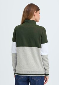 Groene, grijze en witte trui met een hoge kraag. Heeft een kleurblokontwerp, ribbelmanchetten en een zachte textuur. Geschikt voor casual draag.