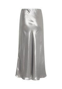Gonna midi in argento metallico con una superficie liscia e lucida. Presenta un cintura elastica e una silhouette a trapezio fluida.