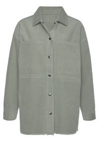 Groene corduroy overhemdjack met een knoopsluiting aan de voorkant en twee borstzakken. Heeft een kraag en een licht rafelige onderrand.