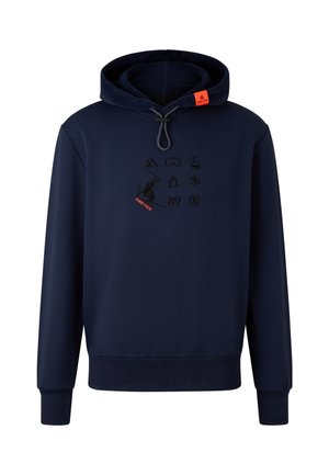 Marineblauer Hoodie mit Frontgrafik, die verschiedene Symbole und Text zeigt. Verstellbarer Kordelzug, gerippte Bündchen und Saum; glatte Stoffstruktur.