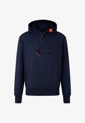 Marineblauer Hoodie mit Frontgrafik, die verschiedene Symbole und Text zeigt. Verstellbarer Kordelzug, gerippte Bündchen und Saum; glatte Stoffstruktur.