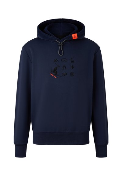 Námořní modrá mikina s kapucí s grafickým potiskem na přední straně obsahujícím různé ikony a text. Nastavitelný šňůrkový uzávěr, žebrované manžety a lem; hladká textura látky.