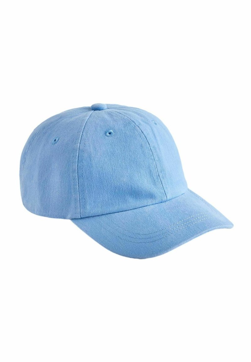 Helleblaues Baumwoll-Baseballcap mit einem gebogenen Schirm, sechs Belüftungsöffnungen und tonal abgestimmten Nähdetails. Einfaches und lässiges Design.