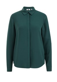 Mörkgrön skjorta med knappknäppning, krage, långa ärmar och rak nederkant. Tillverkad av ett slätt tyg utan mönster.