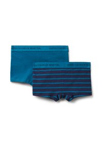 Dva páry chlapeckých boxerek, jedny jednobarevné v teal barvě a jedny námořnické s teal pruhy, obě s elastickým pasem "United Colors of Benetton".