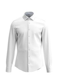 Witte button-up shirt met lange mouwen, puntkraag en gelijkmatig verdeelde knopen aan de voorkant. Glad materiaal met een subtiele glans.