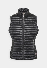 Black, sleeveless puffer vest with quilted design, front zip closure, two side pockets, and discrete logo accent near hem.