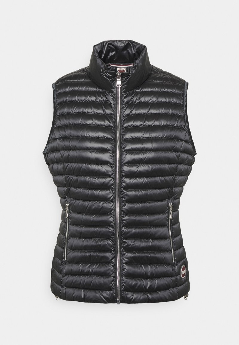 Black, sleeveless puffer vest with quilted design, front zip closure, two side pockets, and discrete logo accent near hem.
