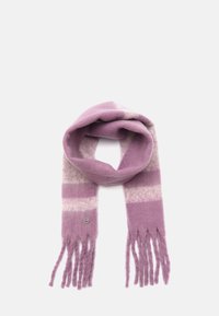 Fioletowy szalik wykonany z miękkiej mieszanki wełny, z jasnofioletowymi i ciemnofioletowymi paskami, z frędzlami na brzegach oraz małym akcentem logo.
