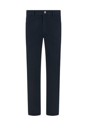 Pantalones rectos azul marino con bolsillos frontales, trabillas para cinturón y cierre de botón en la cintura.