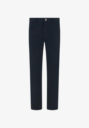 Pantalones rectos azul marino con bolsillos frontales, trabillas para cinturón y cierre de botón en la cintura.