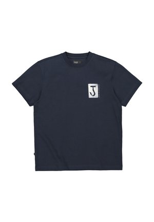 Navyblauw T-shirt met korte mouwen en ronde hals, met een klein rechthoekig label op de linkerborst met een gestileerde "J" en de tekst "DUTCH OF BLUE".