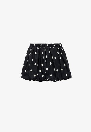 Falda negra con lunares con cintura elástica, diseño plisado y patrones redondos blancos, hecha de tela ligera.