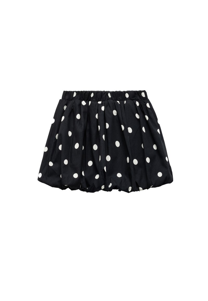 Falda negra con lunares con cintura elástica, diseño plisado y patrones redondos blancos, hecha de tela ligera.