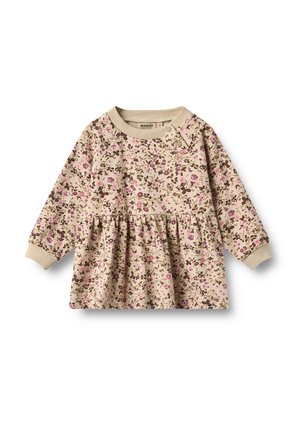 Beige langærmet babydragt med lyserødt og brunt blomsterprint, ribbet manchetter og trykknapper på skulderen.