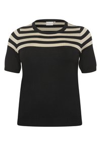 Musta lyhythihainen neulepaita, jossa yläosassa valkoisenraidallinen kuvio. Pyöreä pääntie ja teksturoitu kangas.