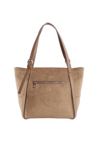 Bolso tote de ante en beige con dobles asas, bolsillo frontal con cremallera y acentos lisos. Textura suave, forma estructurada.