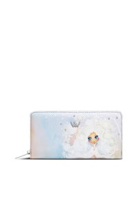 Wallet with a soft pastel gradient featuring an illustration of a character with white hair. Accented by silver hardware and rhinestones.