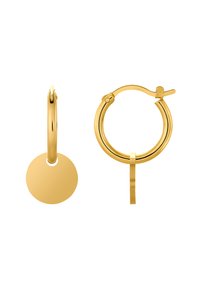 Guld hoops øreringe med en cirkulær pendel. Glat tekstur, minimalistisk design med en sikker lukning og poleret finish.