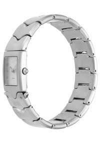 Silberne Edelstahlarmbanduhr mit rechteckigem Ziffernblatt, glatter Oberfläche und Gliederarmband. Verfügt über ein klares Glasdeckel und eine runde Krone.