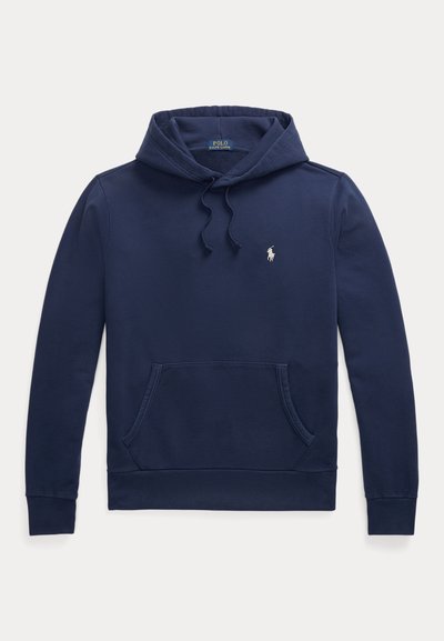 Hanorac bleumarin cu buzunar cangur în față, glugă cu șnur și mic logo Polo Ralph Lauren brodat alb pe pieptul stâng.