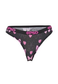 Sous-vêtements bikini noirs et roses pour femmes avec motif de cœurs et nœuds roses, ceinture noire avec logo et icône PSD rose.