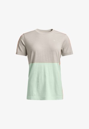 Short-sleeve T-shirt features a beige upper section with a mint green lower section, accented by orange stitching along the shoulders.