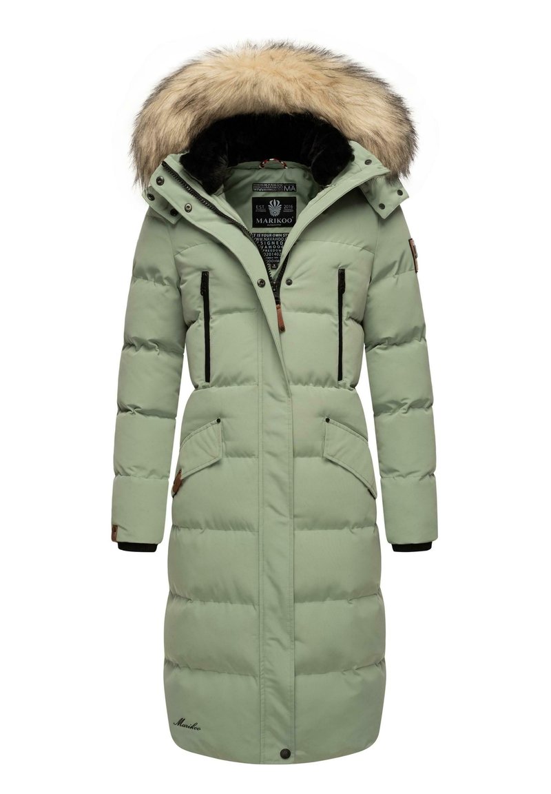Light green puffer coat with a fur-trimmed hood, zip closure, four front pockets, and elastic cuffs; features a logo on the lower left.