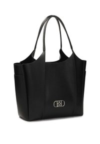 Černá kožená taška přes rameno s zakulacenými horními okraji, dvojicí dlouhých uší a stříbrným logem na přední straně. Obsahuje boční kapsy pro další úložný prostor.