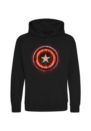 Zwarte hoodie met een verweerd Captain America schild ontwerp centraal aan de voorkant, met rode, witte en blauwe kleuren.