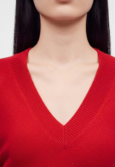 Femme portant un pull rouge à col en V avec de longs cheveux noirs et raides visibles sur fond blanc.