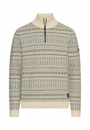 Sweter wełniany z wysokim żebrowanym kołnierzem i półzamkiem. Charakteryzuje się geometrycznym wzorem w odcieniach kremowym, szarym i brązowym. Miękka tekstura.