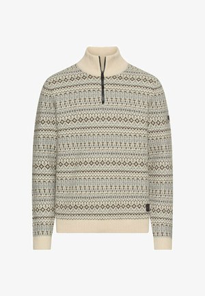 Knit sweater with a high ribbed collar and half zipper. Features a geometric pattern in cream, grey, and brown tones. Soft texture.