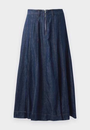Jeanskjørt i mørkeblått med en vid design, som har glidelås foran og vertikale sømmer for bedre tekstur. Klassisk midjebånddetalj.