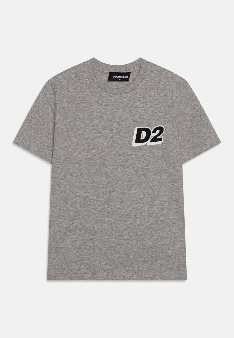 T-shirt gris à manches courtes et col rond avec un logo « D2 » noir et blanc sur la poitrine gauche, posé à plat sur un fond blanc.