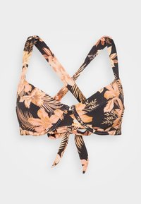 Melnas bikini tops ar ziedu rakstu persiku un bēša krāsās. Iekļauj krusteniskus siksniņas un priekšējo mezglu detaļas. Rievojuma tekstūra.